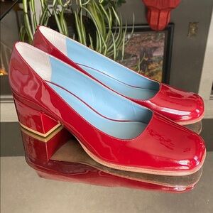 Frances Valentine Glossy Red Patent Block Heel Pumps with Gold Trim